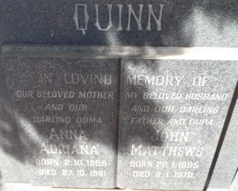 QUINN John Matthews 1895-1970 & Anna Adriana 1898-1981