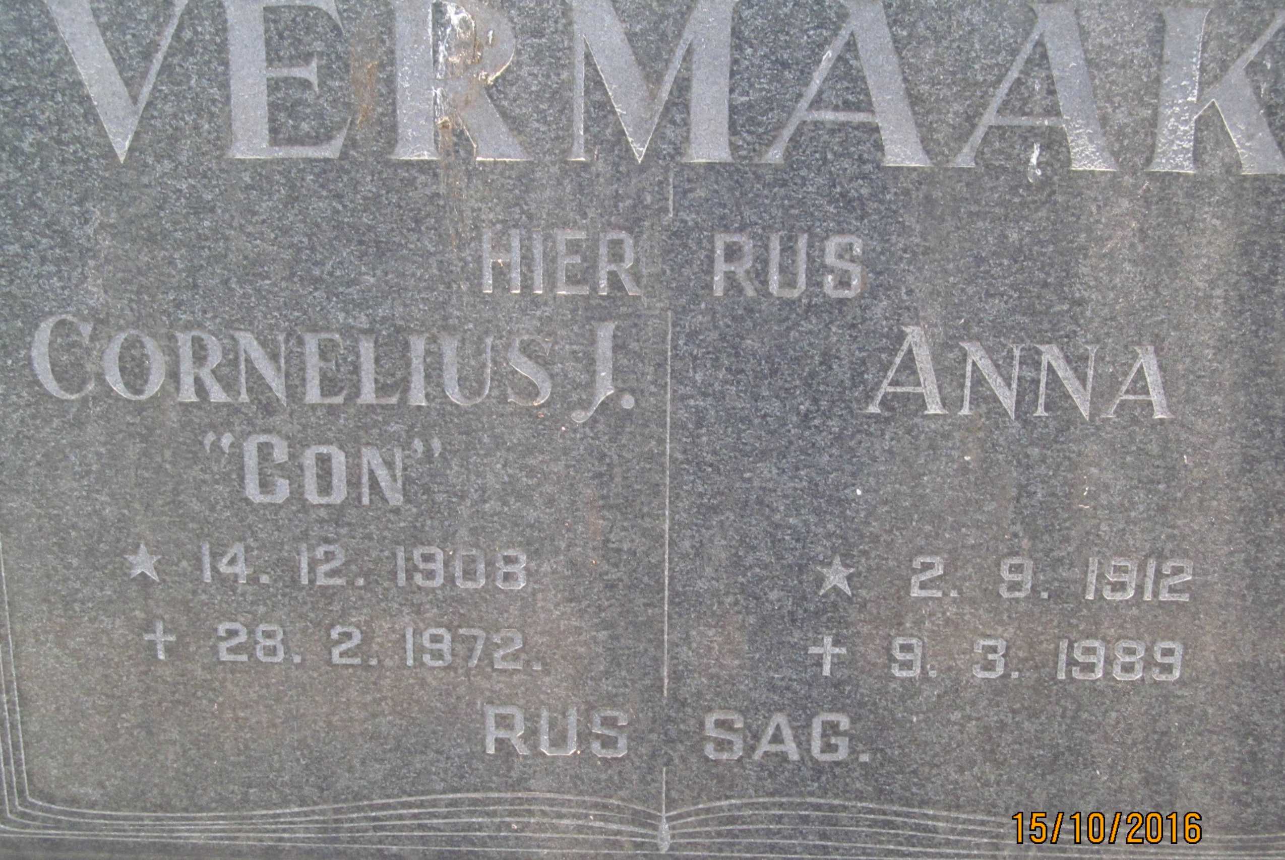 VERMAAK Cornelius J. 1908-1972 & Anna 1912-1989
