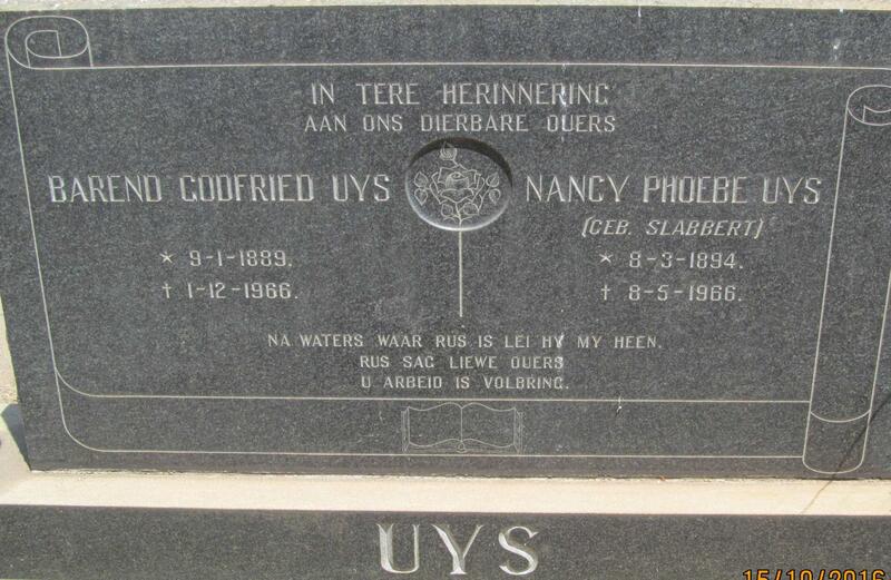 UYS Barend Godfried 1889-1966 & Nancy Phoebe SLABBERT 1894-1966