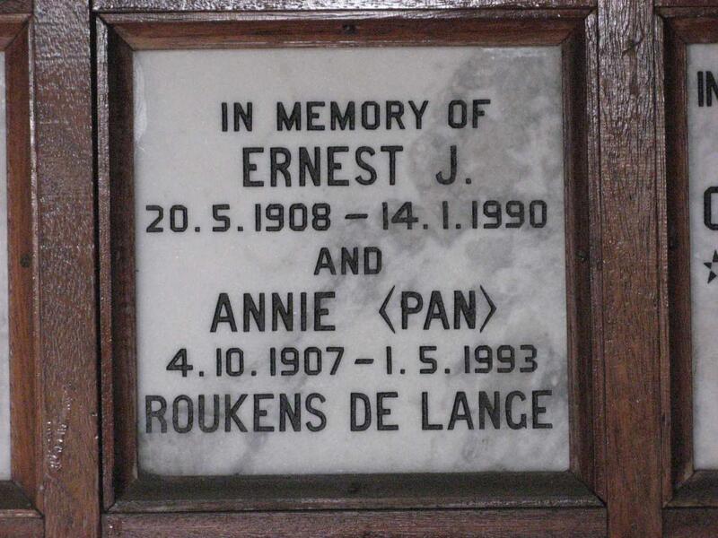 LANGE Ernest J., ROUKENS de 1908-1990 & Annie 1907-1993