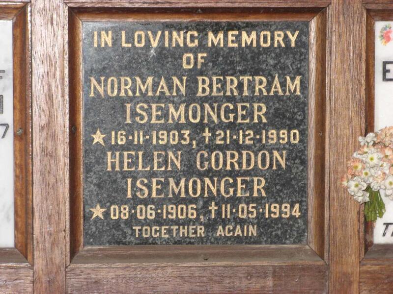 ISEMONGER Norman Bertram 1903-1990 & Helen Gordon 1906-1994