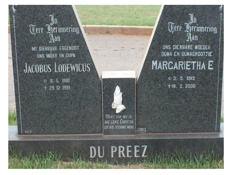 PREEZ Jacobus Lodewicus, du 1910-1981 & Margarietha E. 1919-2006