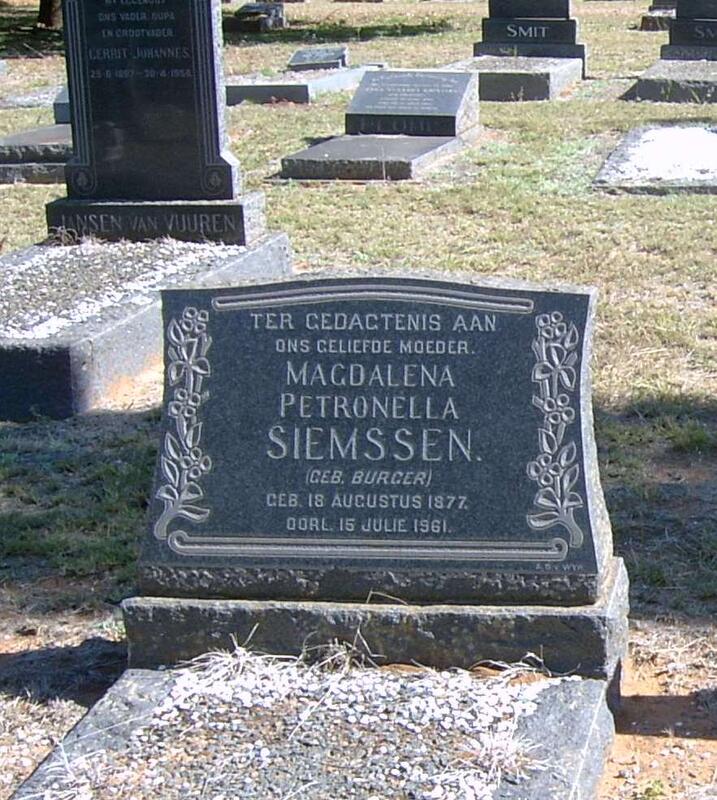 SIEMSSEN Magdalena Petronella nee BURGER 1877-1961