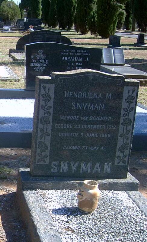 SNYMAN Hendrieka M. nee VAN DEVENTER 1912-1959