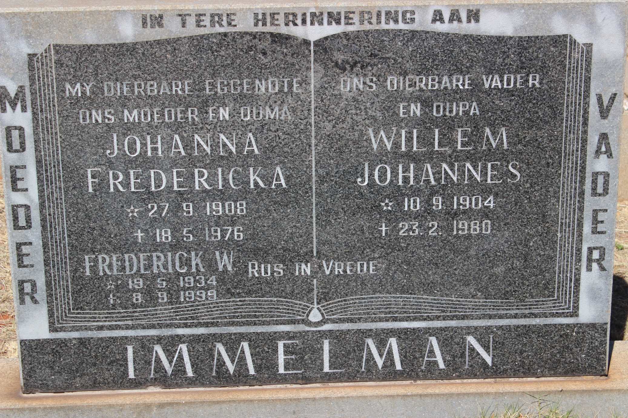 IMMELMAN Willem Johannes 1904-1980 & Johanna Fredericka 1908-1976 :: IMMELMAN Frederick W. 1934-1999