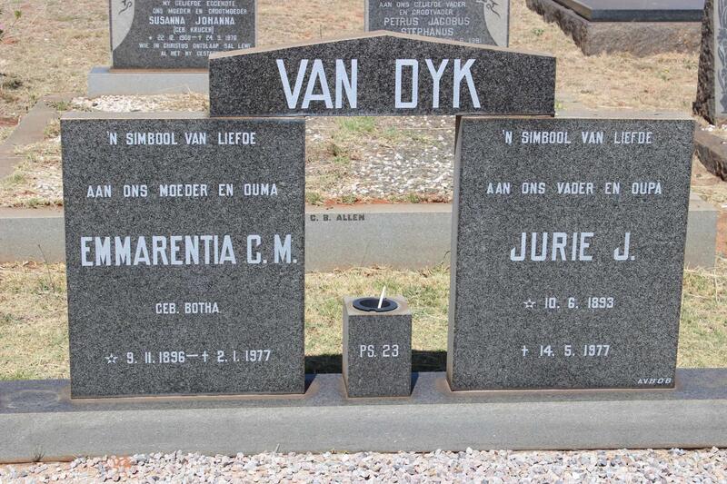 DYK Jurie J., van 1893-1977 & Emmarentia C.M. BOTHA 1896-1977