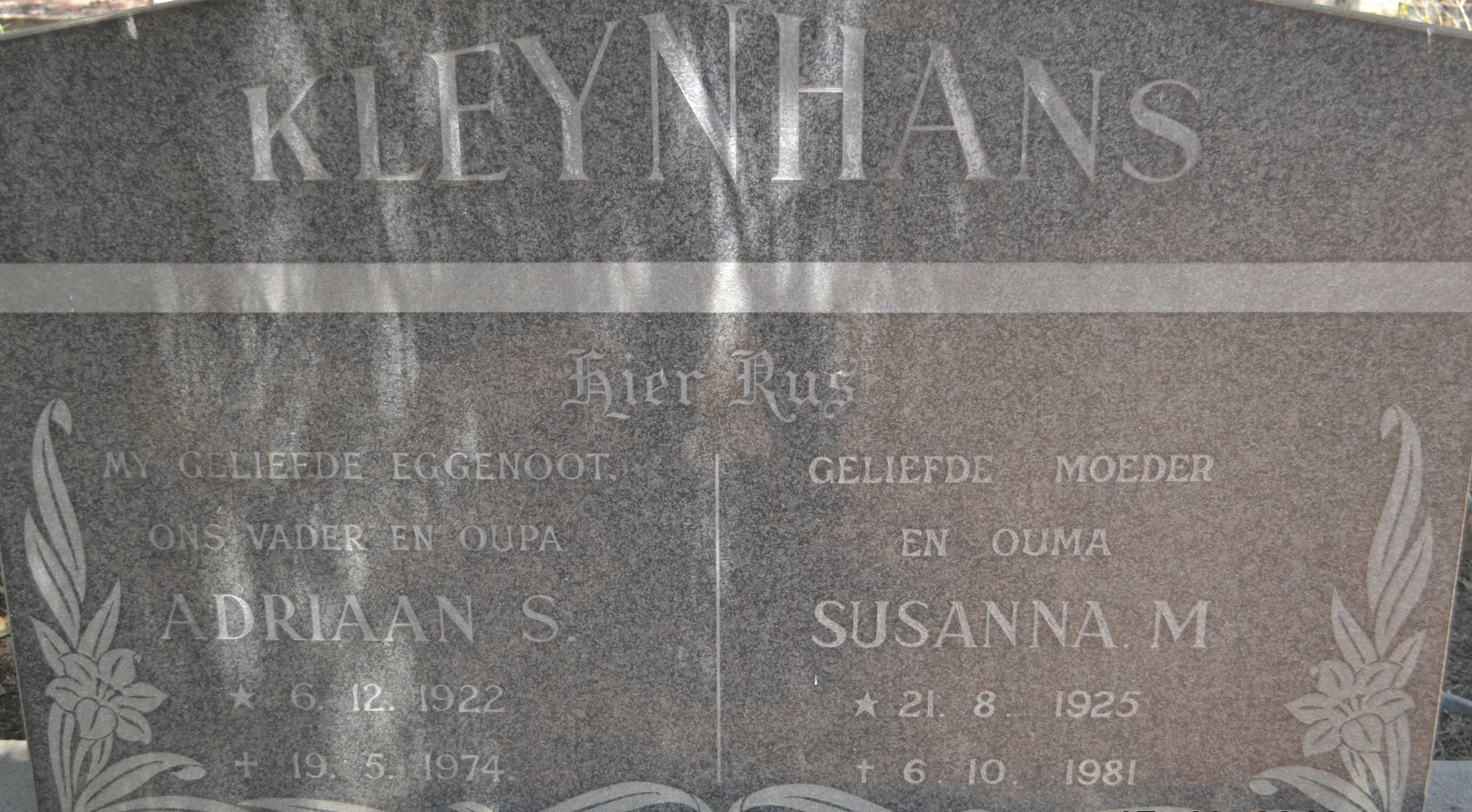KLEYNHANS Adriaan S. 1922-1974 & Susanna M. 1925-1981