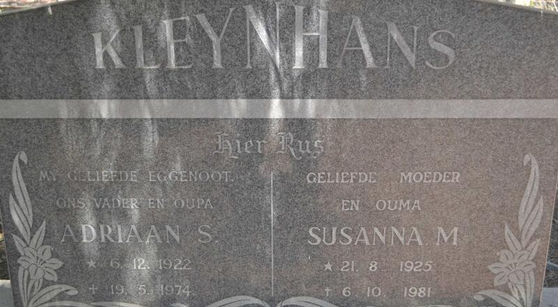 KLEYNHANS Adriaan S. 1922-1974 & Susanna M. 1925-1981