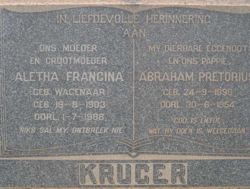 KRUGER Abraham Pretorius 1898-1954 & Aletha Francina WAGENAAR 1903-1988