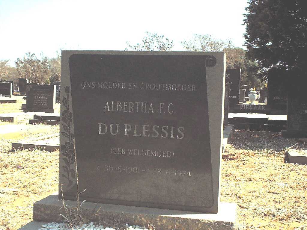 PLESSIS Albertha F.C., du nee WELGEMOED 1901-1974