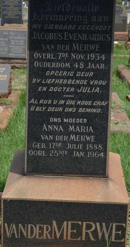 MERWE Jacobus Evenhardus, van der -1934 :: VAN DER MERWE Anna Maria 1888-1964