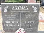 SNYMAN Phillipus Stephanus 1920-2000 & Aletta F.J. 1928-2010