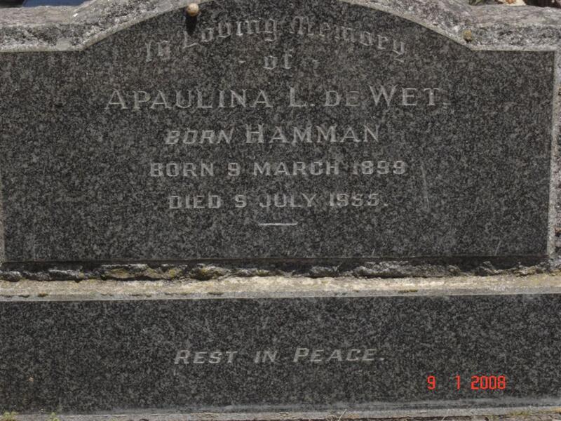 WET Apaulina L., de nee HAMMAN 1899-1955