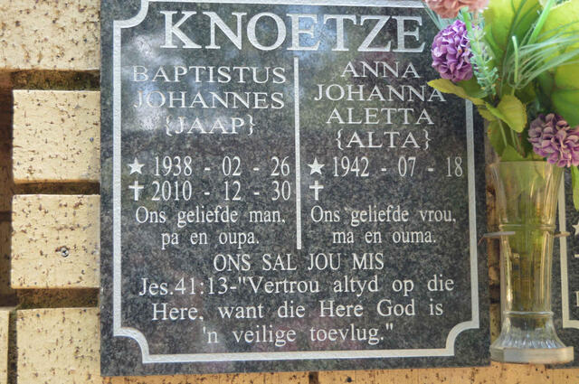 KNOETZE Baptistus Johannes 1938-2010 & Anna Johanna Aletta 1942-