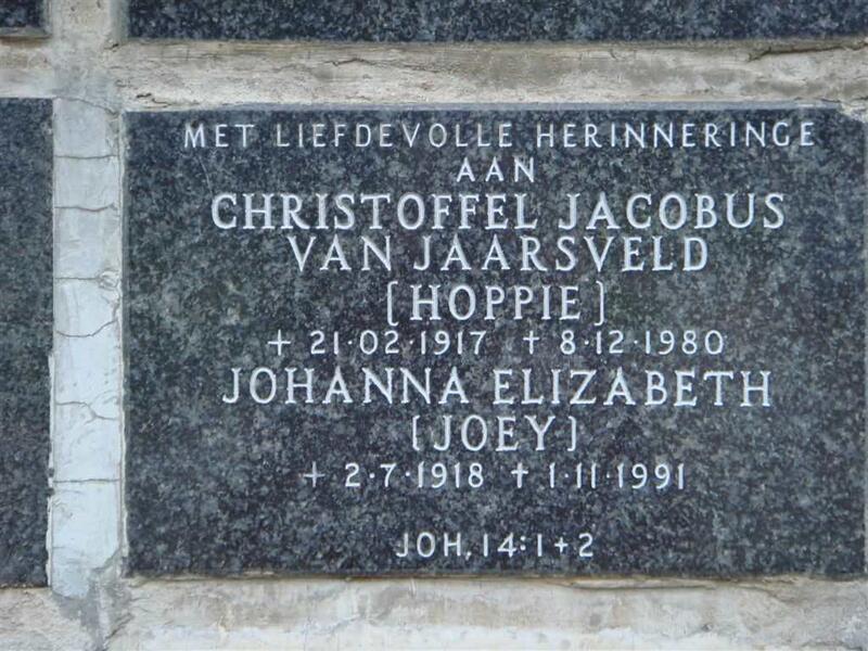 JAARSVELD Christoffel Jacobus, van 1917-1980 & Johanna Elizabeth 1918-1991