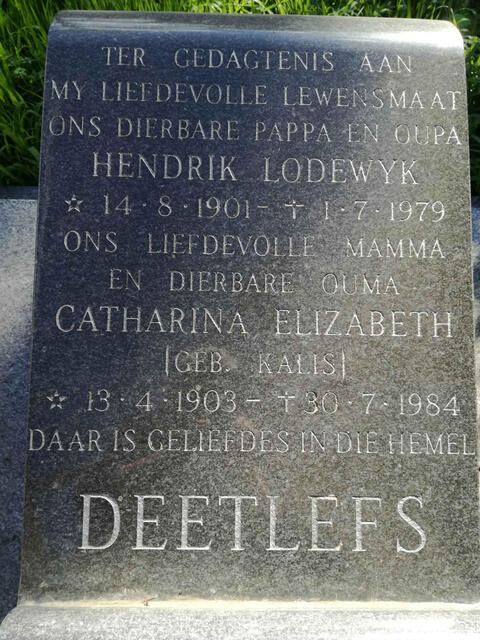DEETLEFS Hendrik Lodewyk 1901-1979 & Catharina Elizabeth KALIS 1903-1984