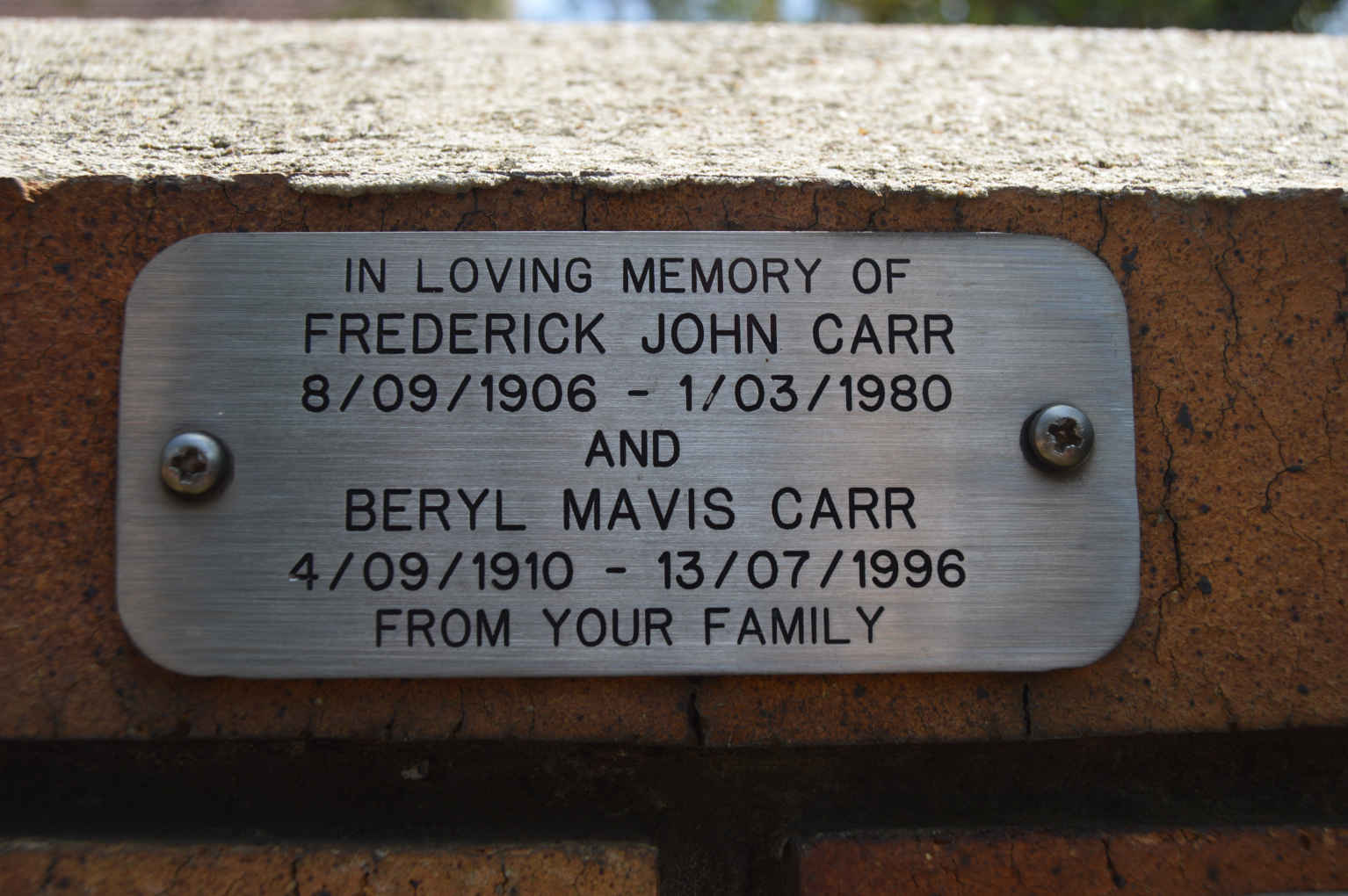 CARR Frederick John 1906-1980 & Beryl Mavis 1910-1996