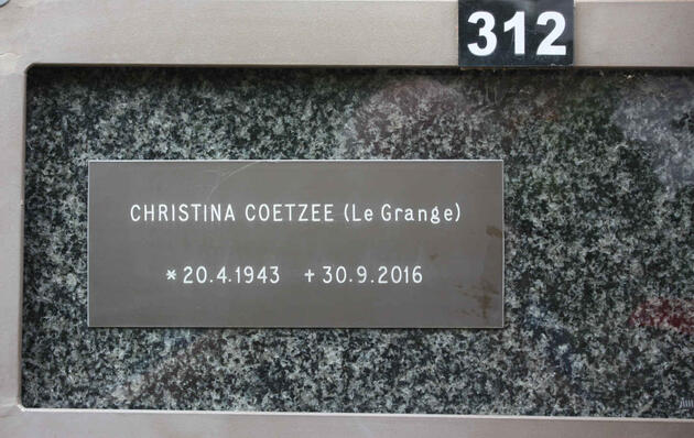 COETZEE Christina nee LE GRANGE 1943-2016