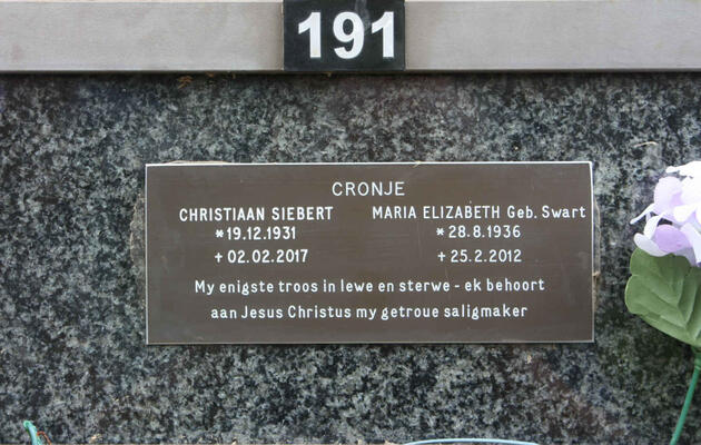 CRONJE Christiaan Siebert 1931-2017 & Maria Elizabeth SWART 1936-2012