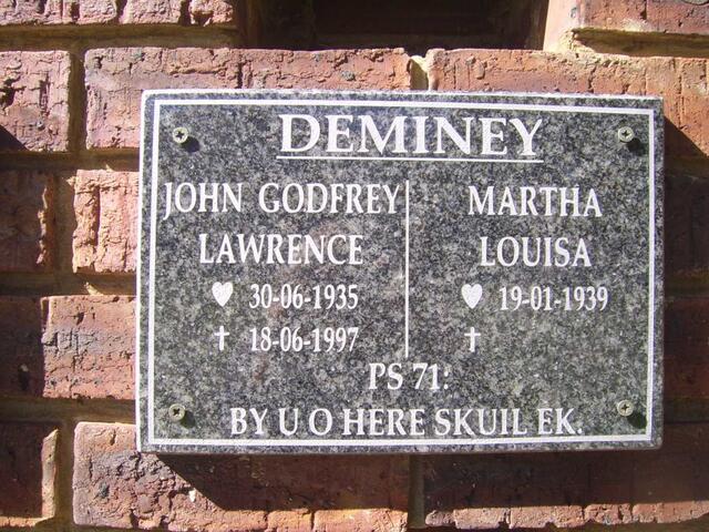 DEMINEY John Godfrey Lawrence 1935-1997 & Martha Louisa 1939-