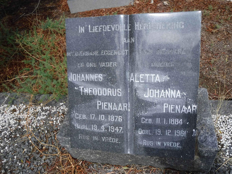 PIENAAR Johannes Theodorus 1876-1947 & Aletta Johanna 1884-1961