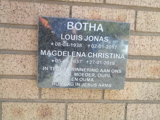 BOTHA Louis Jonas 1938-2017 & Magdelena Christina 1937-2018