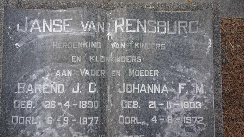 RENSBURG Barend J.C., Janse van 1890-1977 & Johanna F.M. 1903-1972