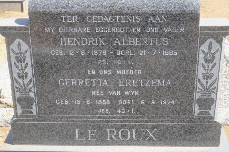 ROUX Hendrik Albertus, le 1879-1965 & Gerretta Eretzema VAN WYK 1888-1974