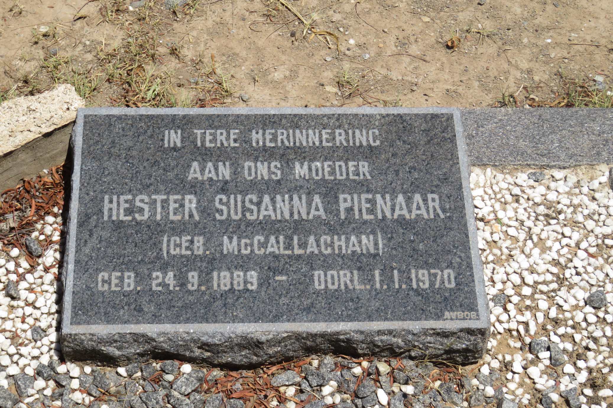 PIENAAR Hester Susanna nee McCALLAGHAN 1889-1970