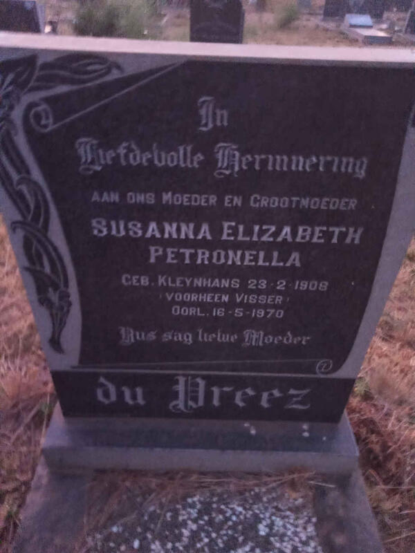 PREEZ Susanna Elizabeth Petronella, du formerly VISSER nee KLEYNHANS 1908-1970