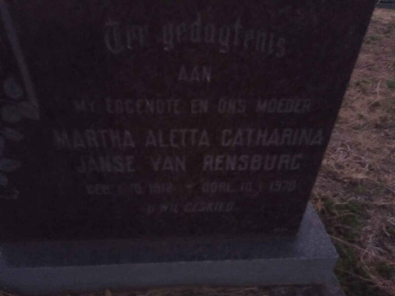 RENSBURG Martha Aletta Catharina, Janse van 1912-1970