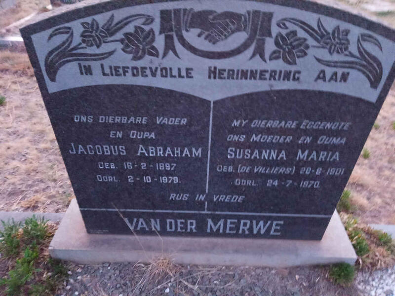 MERWE Jacobus Abraham, van der 1897-1979 & Susanna Maria DE VILLIERS 1901-1970