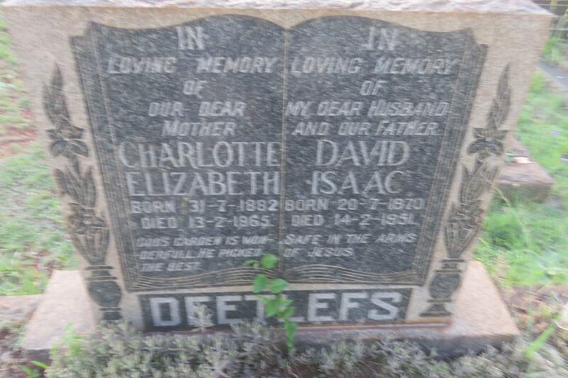 DEETLEFS David Isaac 1870-1951 & Charlotte Elizabeth 1882-1965