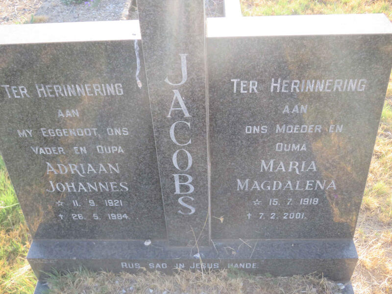 JACOBS Adriaan Johannes 1921-1984 & Maria Magdalena 1918-2001