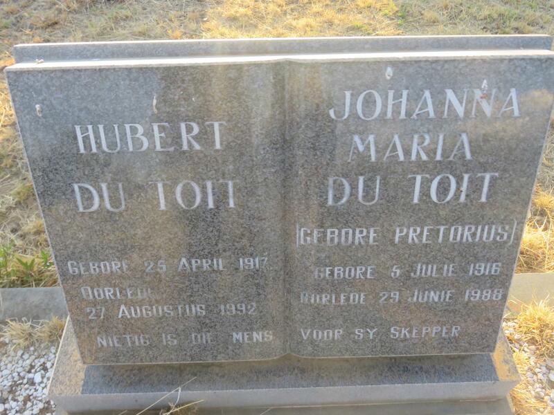 TOIT Hubert, du 1917-1992 Johanna Maria PRETORIUS 1916-1988