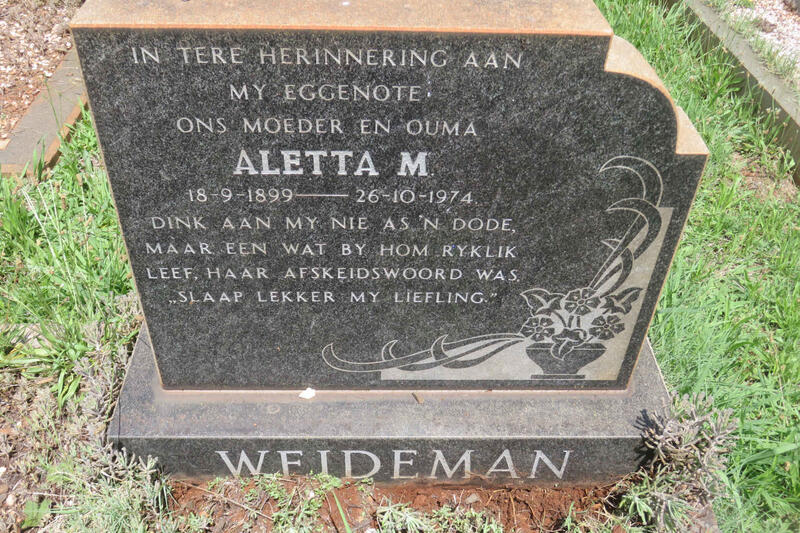 WEIDEMAN Aletta M. 1899-1974