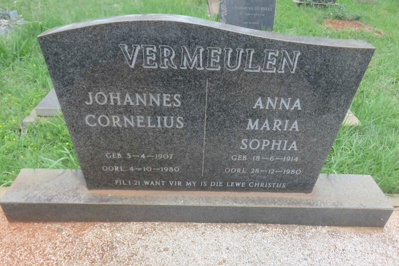 VERMEULEN Johannes Cornelius 1907-1980 & Anna Maria Sophia 1914-1980