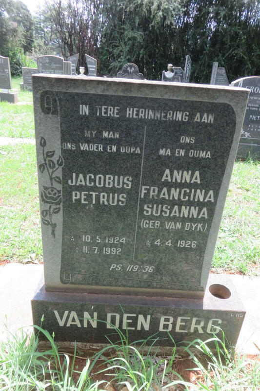 BERG Jacobus Petrus, van den 1924-1992 & Anna Francina Susanna VAN DYK 1926-