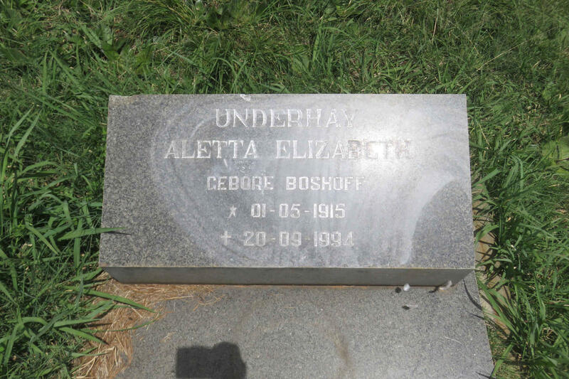 UNDERHAY Aletta Elizabeth nee BOSHOFF 1915-1994
