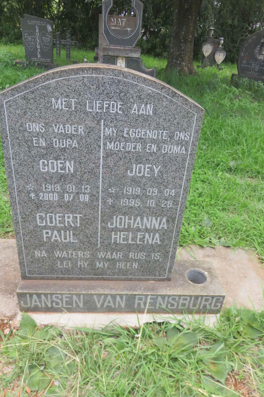 RENSBURG Coert Paul, Jansen van 1913-2000 & Johanna Helena 1919-1995