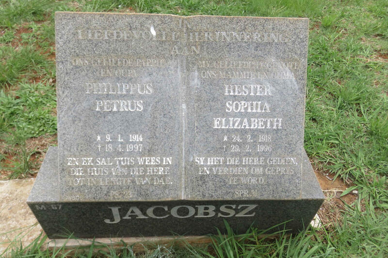 JACOBSZ Phillipus Petrus 1914-1997 & Hester Sophia Elizabeth 1918-1996