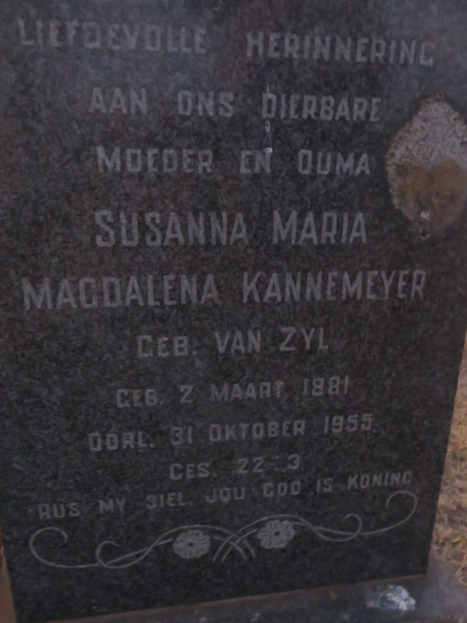 KANNEMEYER Susanna Maria Magdalena nee VAN ZYL 1881-1955