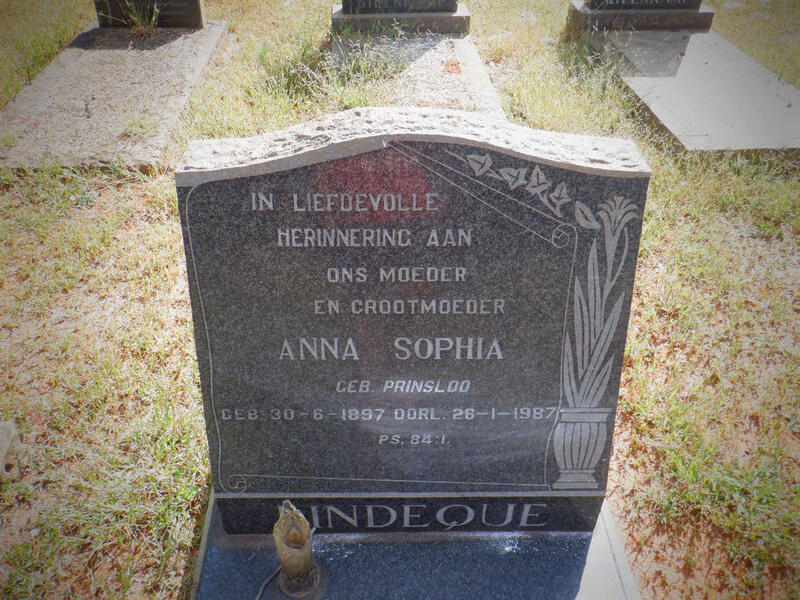 LINDEQUE Anna Sophia nee PRINSLOO 1897-1987
