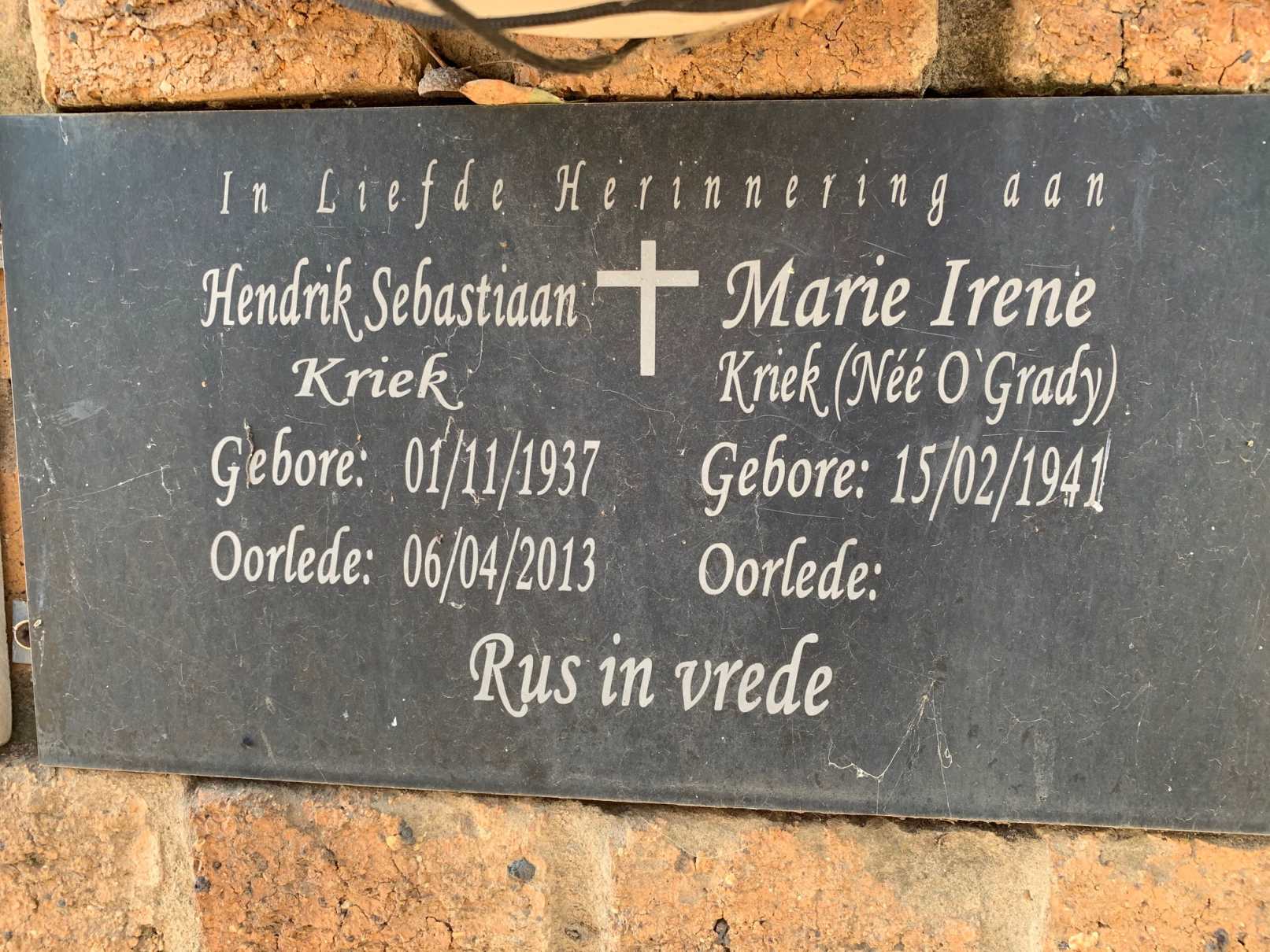 KRIEK Hendrik Sebastiaan 1937-2013 & Marie Irene O'GRADY 1941-