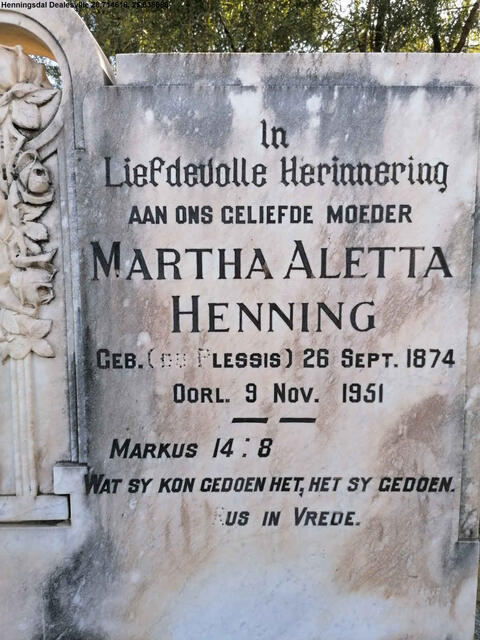 HENNING Martha Aletta nee DU PLESSIS 1874-1951