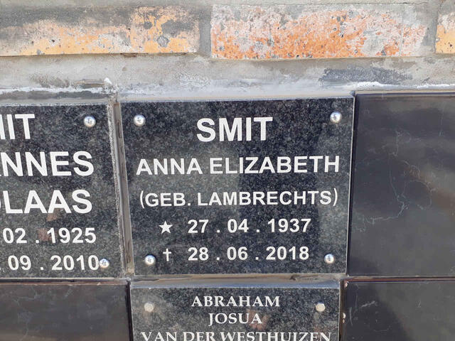 SMIT Anna Elizabeth nee LAMBRECHTS 1937-2018 :: SMIT Johannes Nicolaas 1925-2010