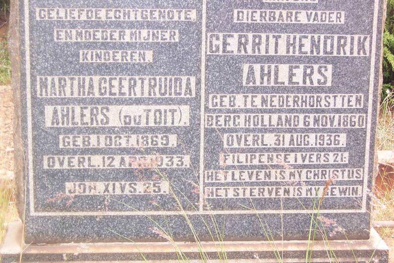 AHLERS Gerrit Hendrik 1860-1936 & Martha Geertruida DU TOIT 1869-1933
