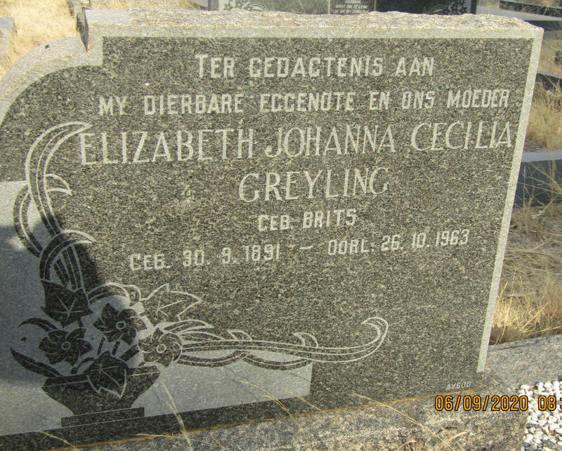 GREYLING Elizabeth Johanna Cecilia nee BRITS 1891-1963