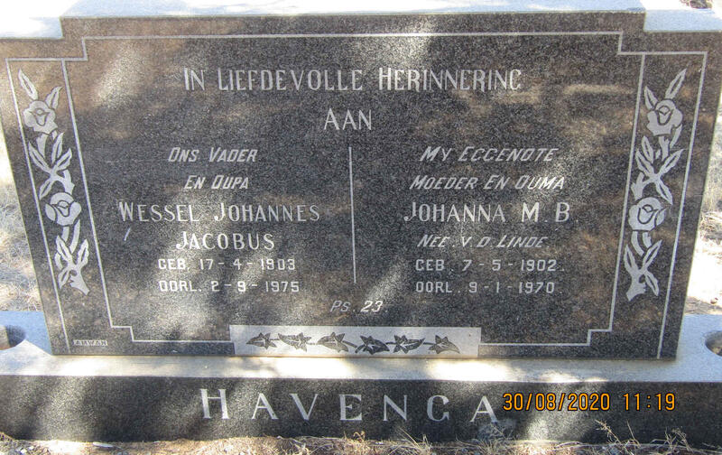 HAVENGA Wessel Johannes Jacobus 1903-1975 & Johanna M.B. V.D. LINDE 1902-1970