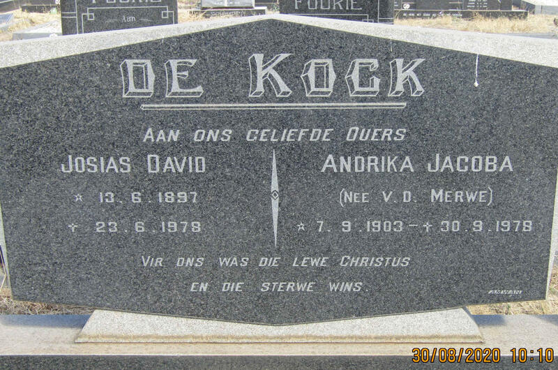 KOCK Josias David, de 1897-1978 & Andrika Jacoba V.D. MERWE 1903-1978